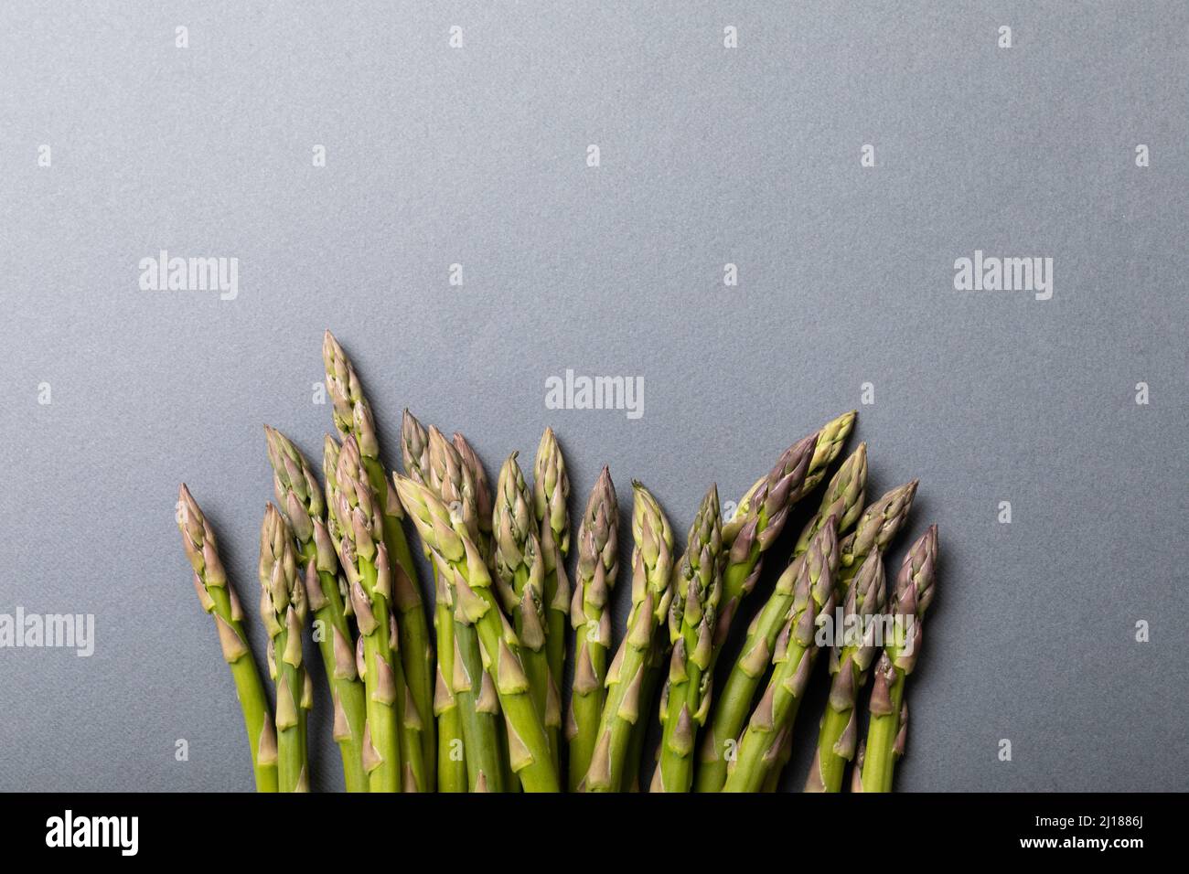 Directement au-dessus de la vue des asperges vertes fraîches par l'espace de copie sur fond gris Banque D'Images