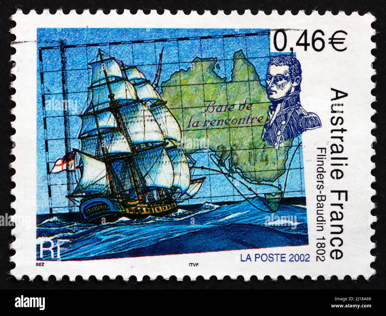 FRANCE - VERS 2002 : un timbre imprimé en France montre la carte de l'Australie, Portrait et navire, Bicentenaire de la rencontre de Matthew Flinders et Nicolas Banque D'Images FRANCE - VERS 2002 : un timbre imprimé en France montre la carte de l'Australie, Portrait et navire, Bicentenaire de la rencontre de Matthew Flinders et Nicolas Banque D'Images
