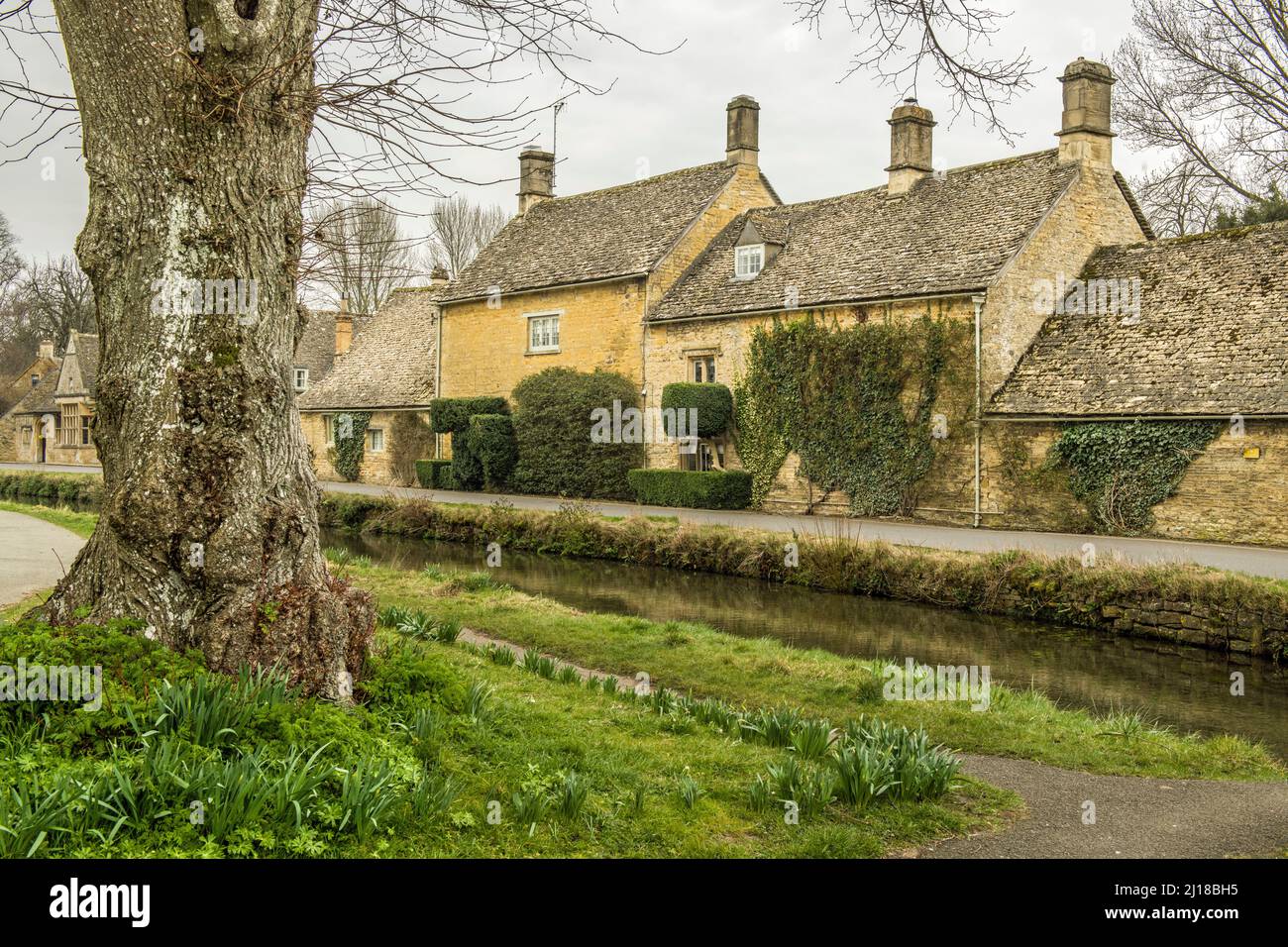 Cotswold cottages en pierre dans le village de Cotswold de Lower Slaughter Gloucestershire en mars Banque D'Images