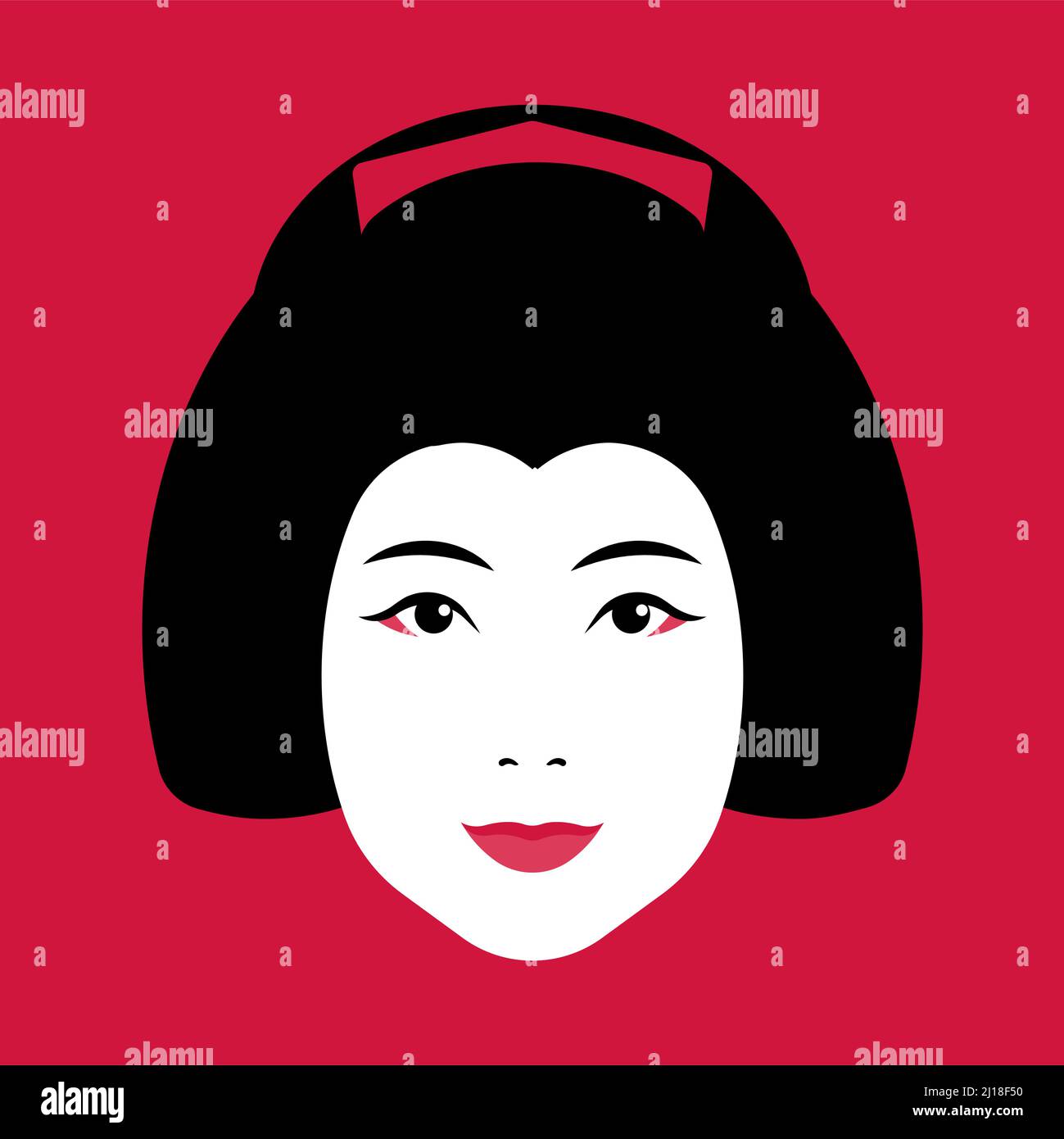 Geisha visage - geisha japonais avec maquillage, coiffure, épingles à cheveux. Gros plan sur le visage de la femme sur fond rouge. Concept de culture japonaise, garm traditionnel Illustration de Vecteur