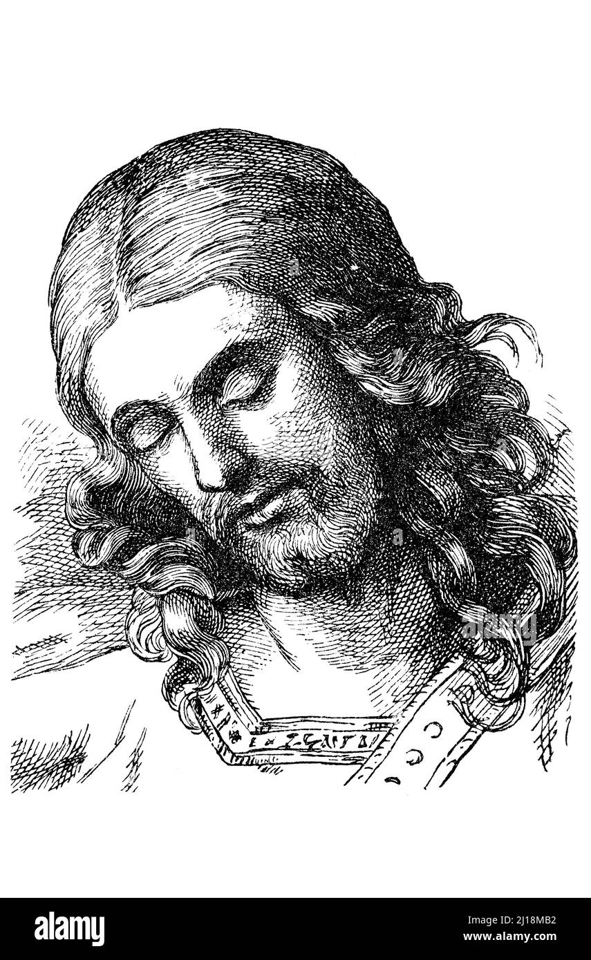 Christus, Christuskopf von Johann Friedrich Overbeck / Christ Head by Johann Friedrich Overbeck, Historisch, historique, numérique reproduction améliorée d'un original du 19th siècle / Digital restaurierte Reproduktion einer Originalvorlage aus dem 19. Jahrhundert, genaues Originaldatum nicht bekannt Banque D'Images