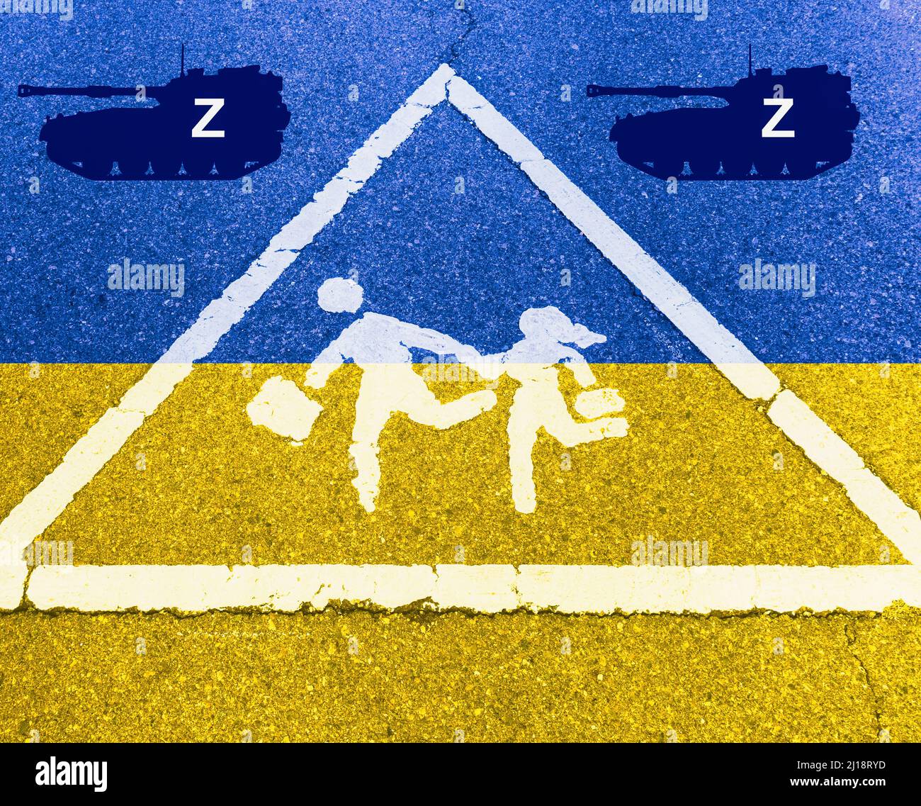 Les écoliers qui se sont enlayé avec des images de drapeau de l'Ukraine et des chars russes se sont superposés sur l'image. Russie Ukraine conflit, guerre, réfugiés, enfants... concept Banque D'Images