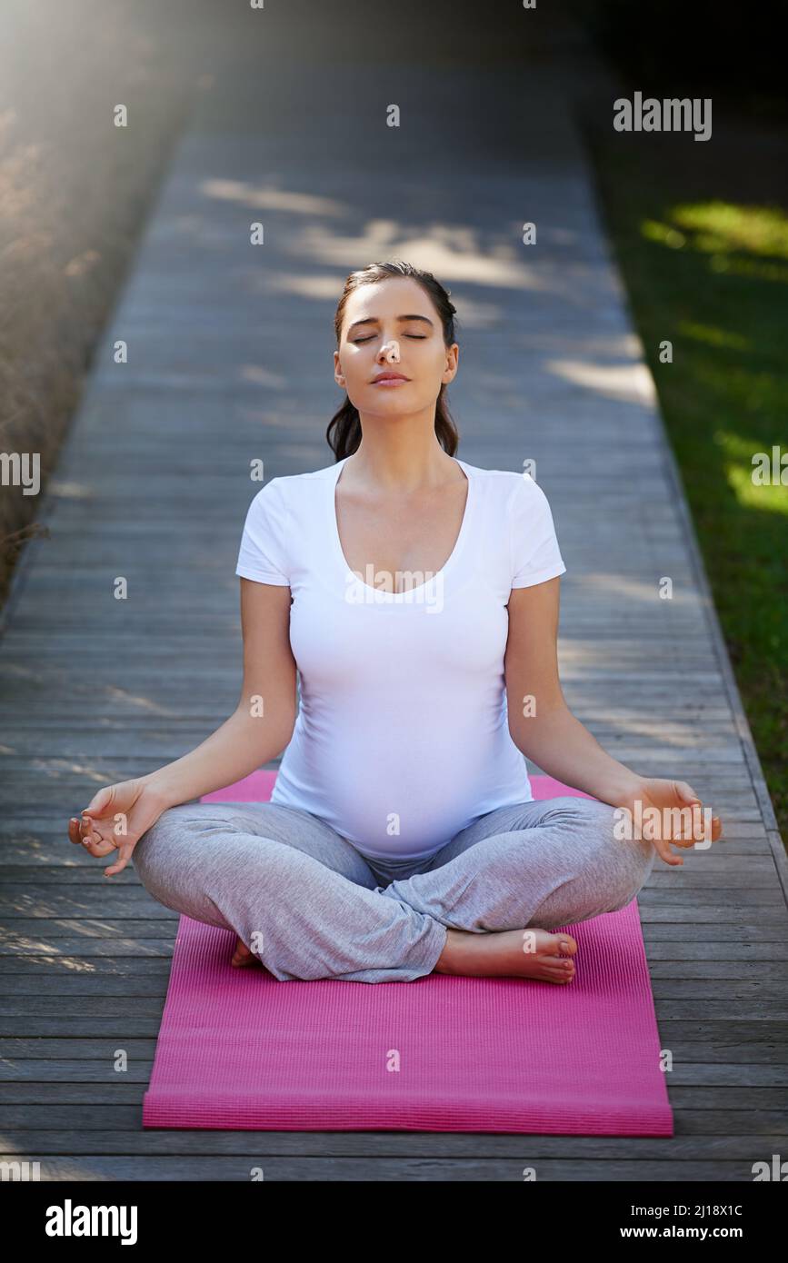 Restez calme Prise de vue d'une jeune femme enceinte faisant du yoga à l'extérieur. Banque D'Images