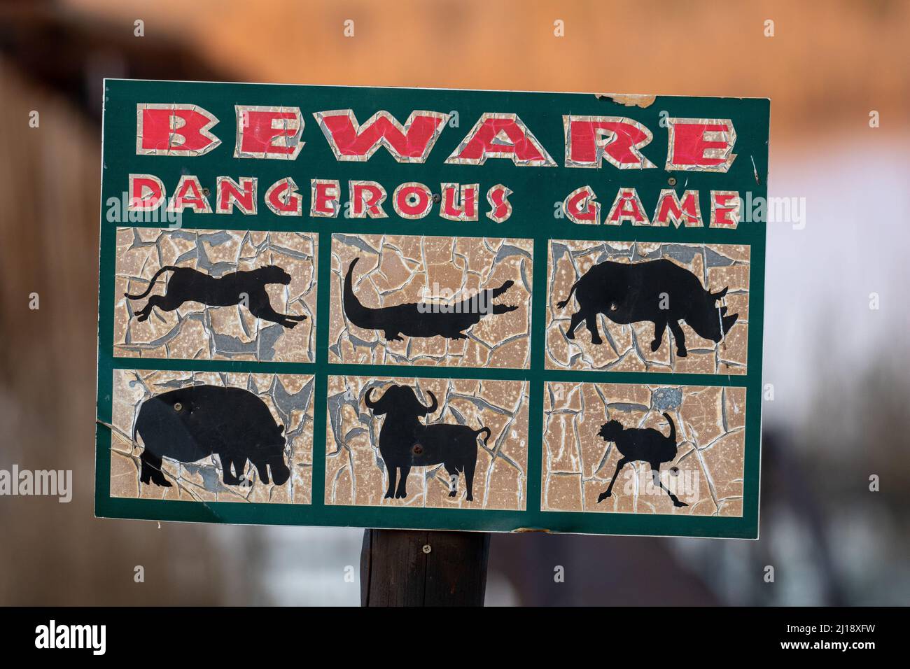 Panneau d'avertissement pour jeu dangereux, Parc national sud-africain Banque D'Images