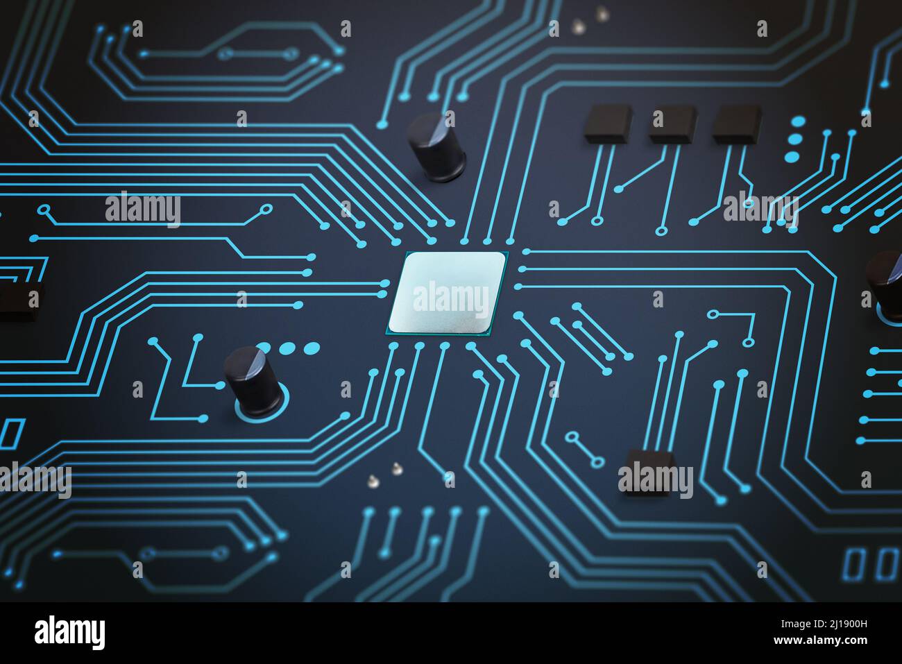 Puce sur carte de circuit imprimé survolée par des condensateurs et des mosfet. Concept numérique de la technologie Banque D'Images
