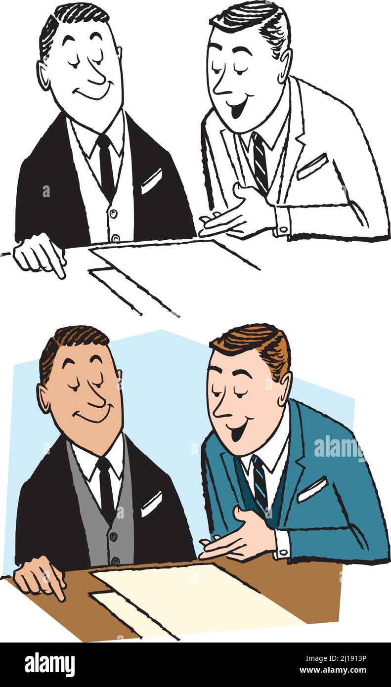 Une caricature rétro de deux hommes d'affaires parlant d'un projet au bureau. Illustration de Vecteur