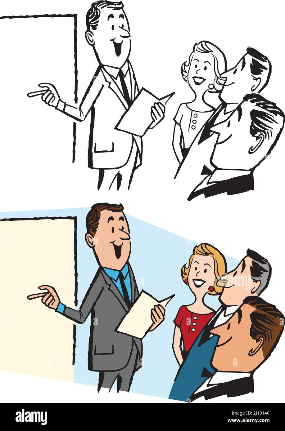 Un dessin animé rétro vintage d'un homme d'affaires donnant une présentation à ses collègues. Illustration de Vecteur