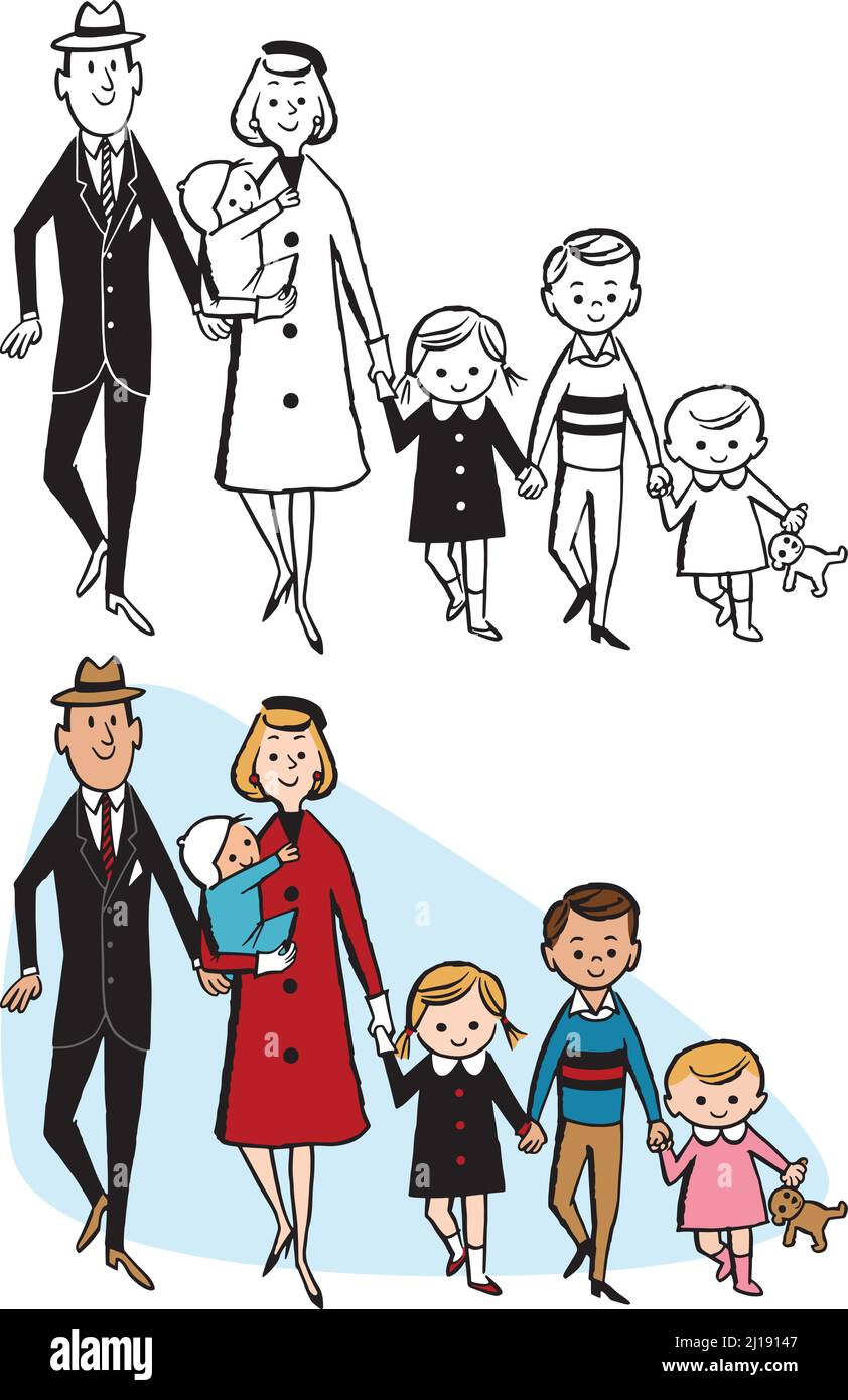 Une caricature rétro vintage de famille avec un père, une mère et des enfants allant pour une promenade. Illustration de Vecteur