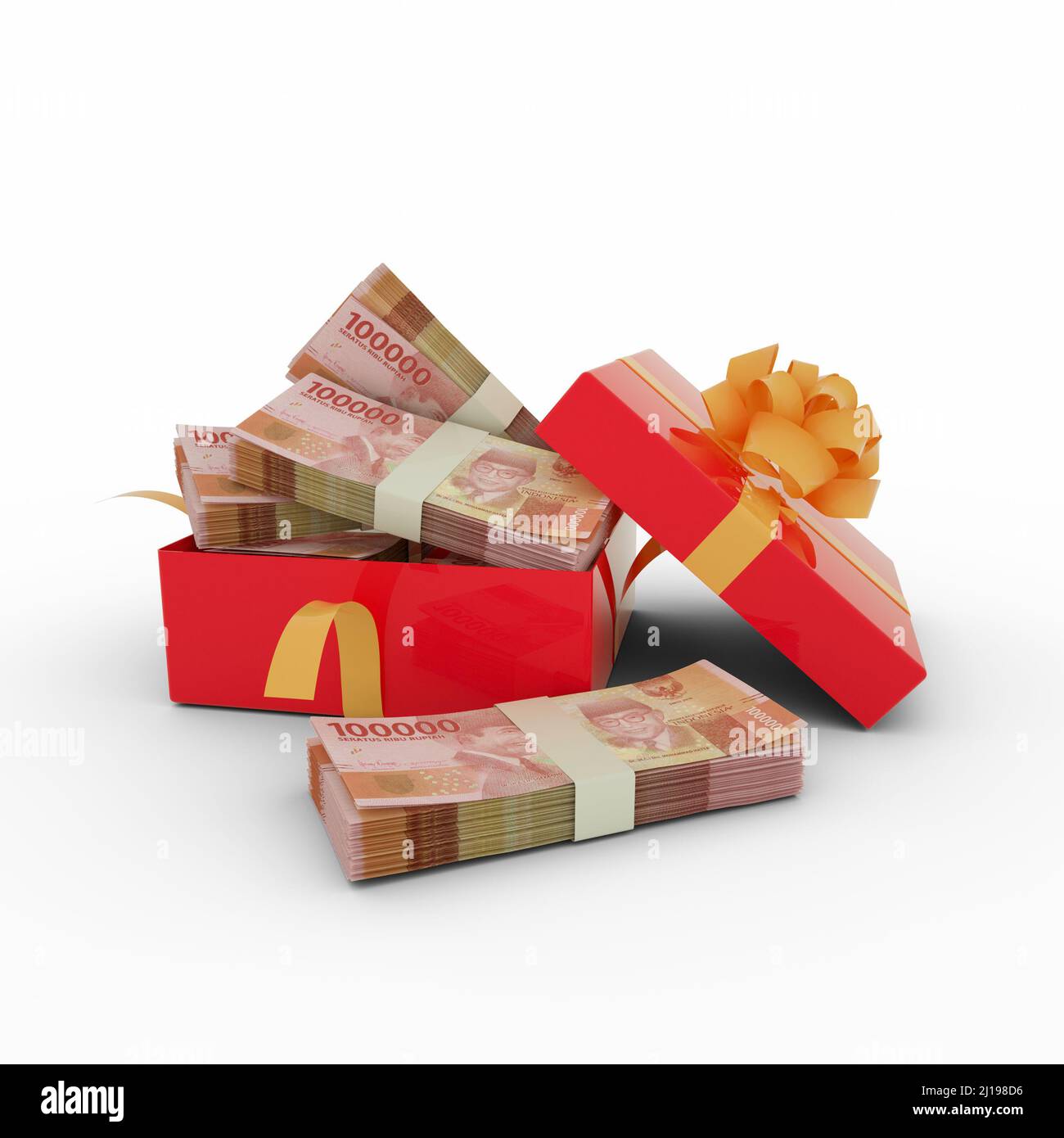 Une pile de notes de rupias indonésiennes dans une boîte cadeau rouge ouverte. Paquets de rupias indonésiens à l'intérieur d'une boîte cadeau. 3d rendu de l'argent à l'intérieur de la boîte isoler Banque D'Images