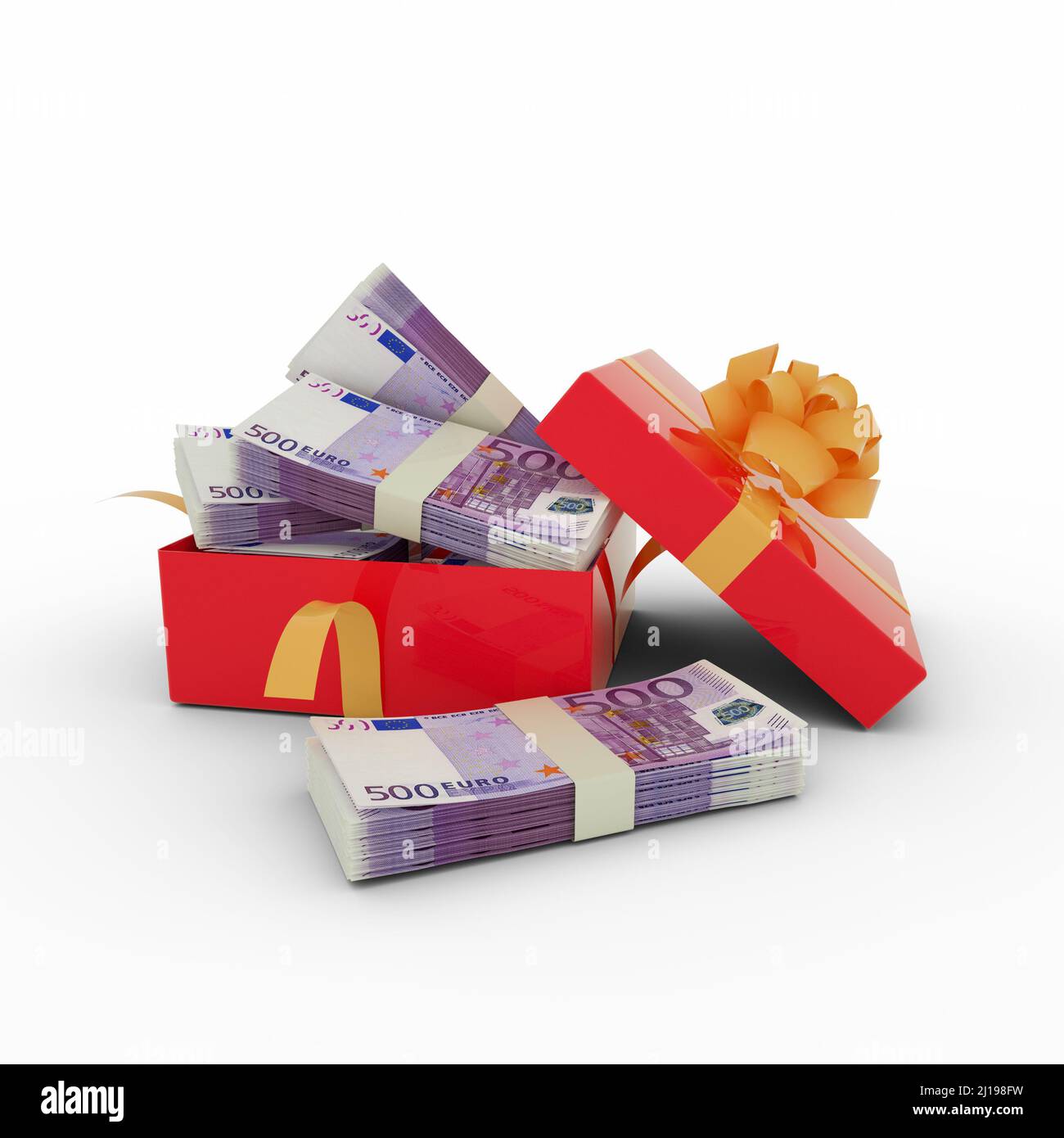 Une pile de billets de 500 euros se trouve dans une boîte cadeau rouge ouverte. Packs d'euros dans une boîte cadeau. 3d rendu de l'argent à l'intérieur de la boîte isolée sur fond blanc Banque D'Images