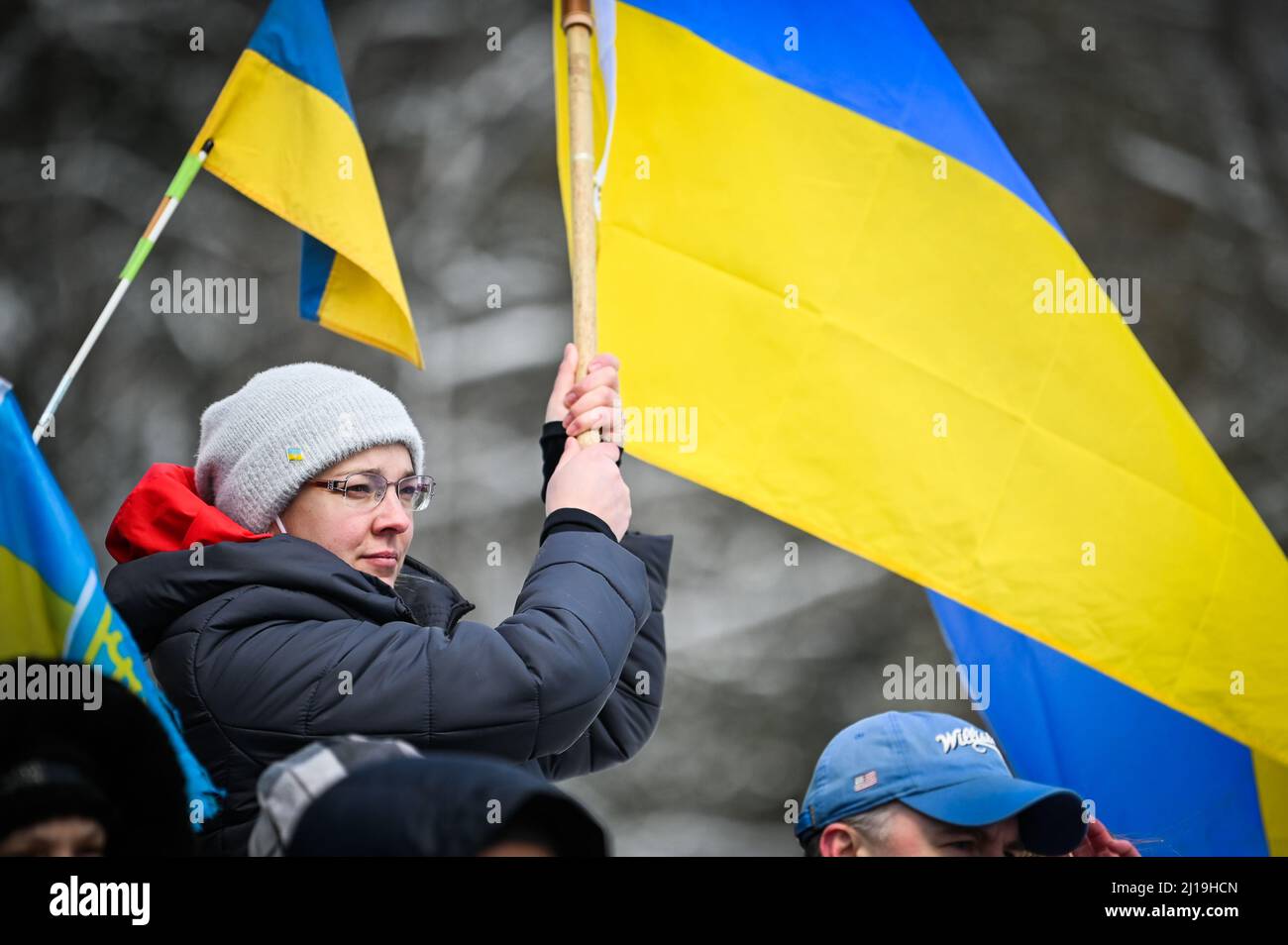 Démonstration Pro-Ukraine à la maison d'État du Vermont, Montpelier, VT, États-Unis. Banque D'Images