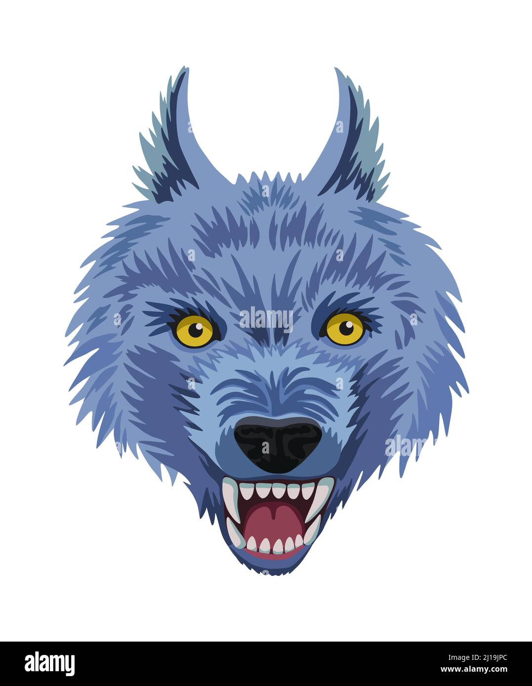 Tête de loup en colère isolée sur fond blanc. Dessin animé effrayant portrait de loup agressif avec de grandes fangs et la bouche ouverte. Illustration de Vecteur