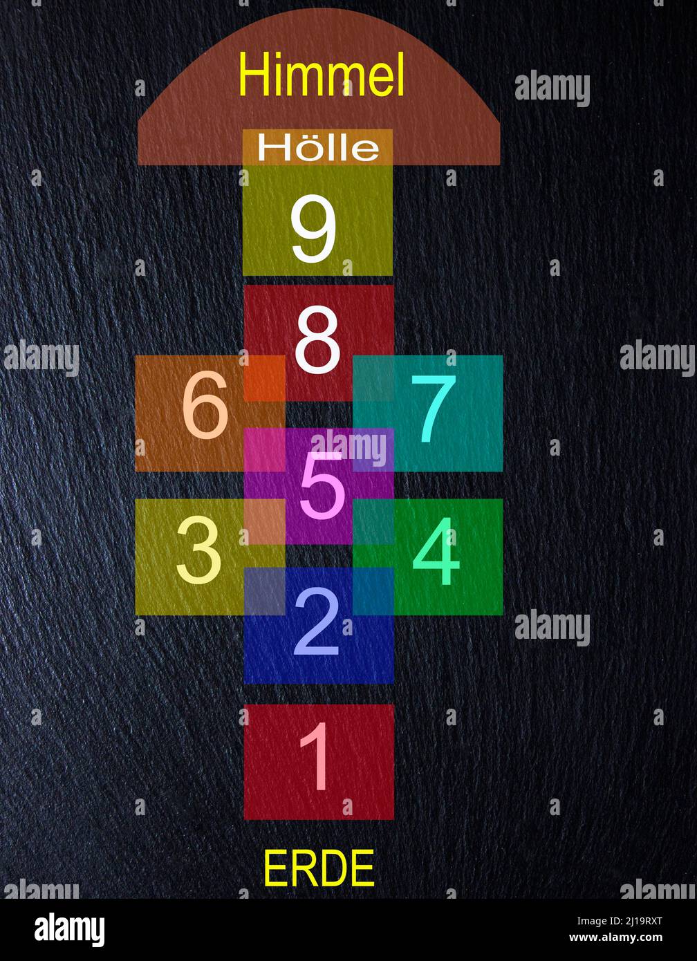 Le jeu des vieux enfants, le hopscotch, le ciel et l'enfer Banque D'Images