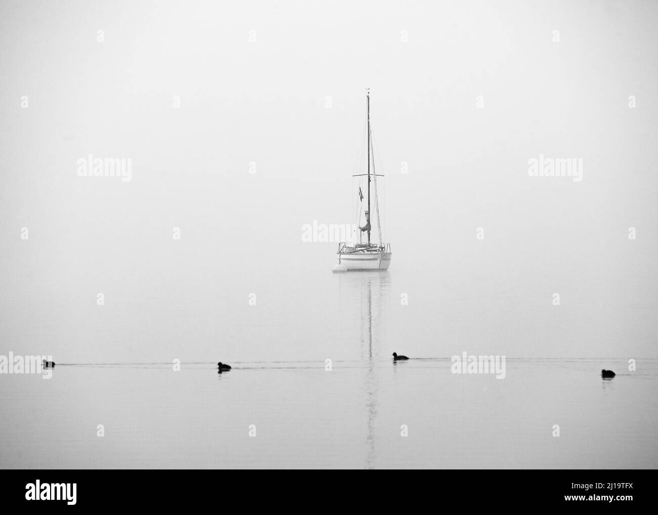 Bateaux à voile dans la brume matinale, Mondsee, Salzkammergut, haute-Autriche, Autriche Banque D'Images