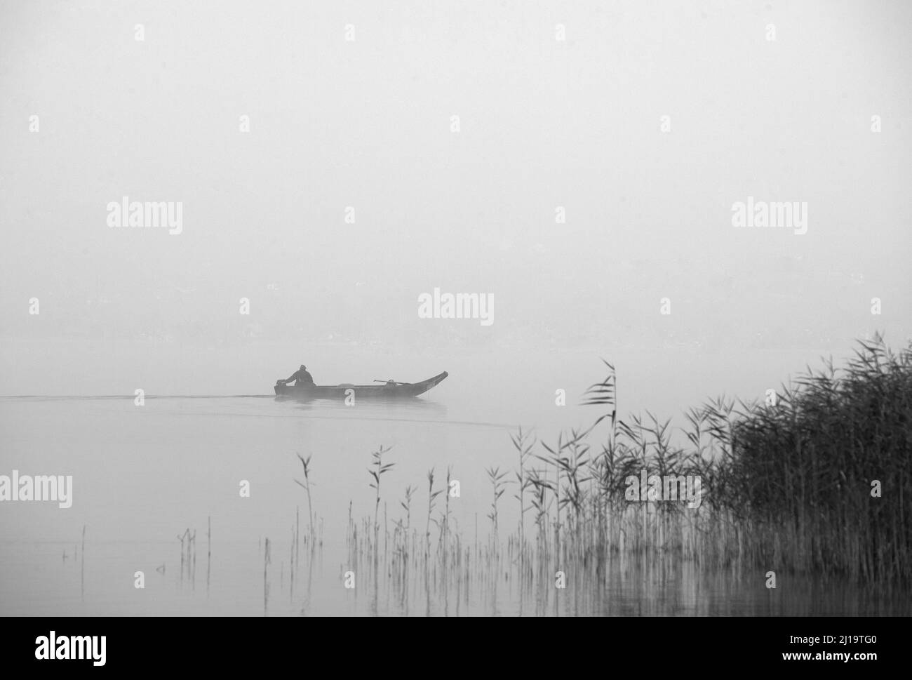 Bateau de pêche dans la brume matinale, Mondsee, Salzkammergut, haute-Autriche, Autriche Banque D'Images