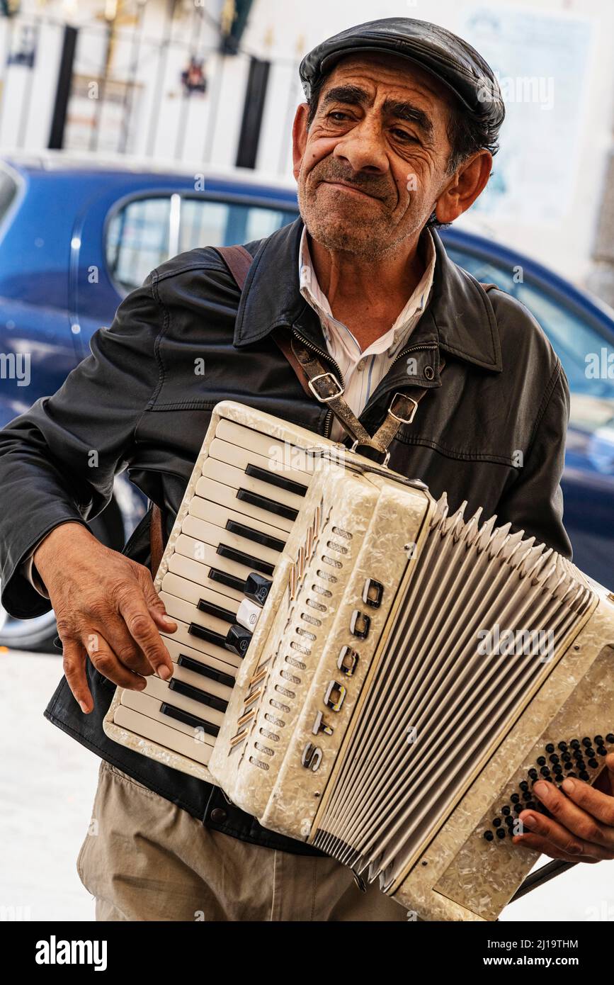 Musicien avec accordéon, Ballaro, marché, Albergheria, Palerme, Sicile, Italie Banque D'Images