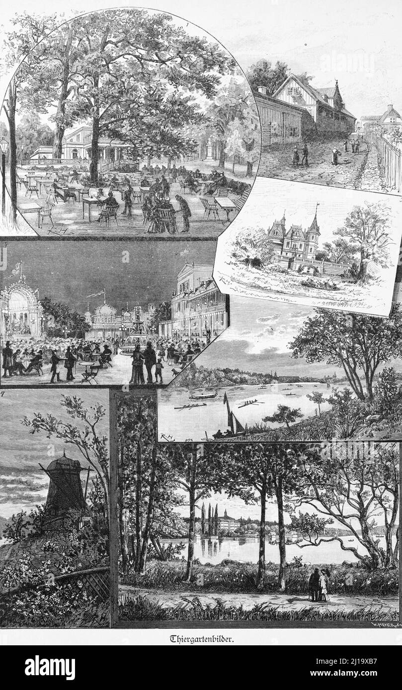 Vue de différents jardins, de nombreuses personnes, bâtiments, sites, Stockholm, Suède, Scandinavie, illustration historique de 1897 Banque D'Images