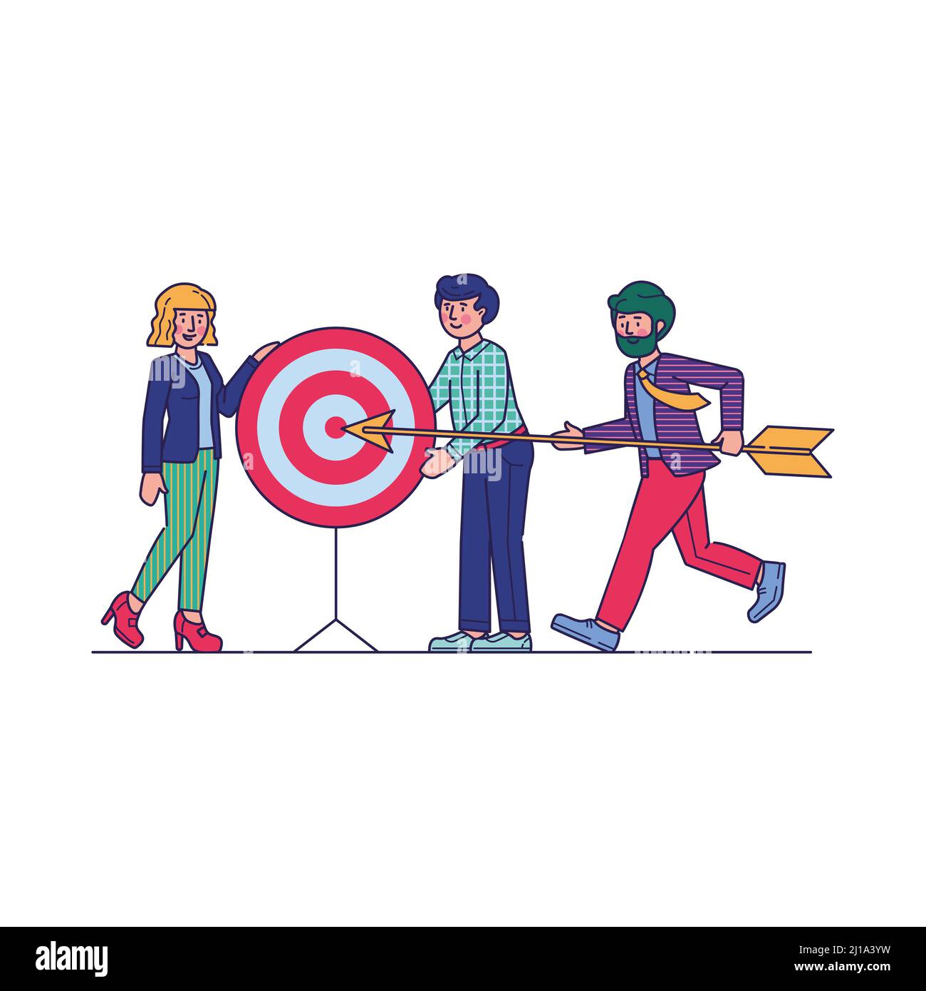 Une équipe réussie portant la flèche pour viser. Les professionnels de l'entreprise se touchent. Illustration vectorielle pour le défi, l'objectif, la réalisation, le travail d'équipe, Illustration de Vecteur