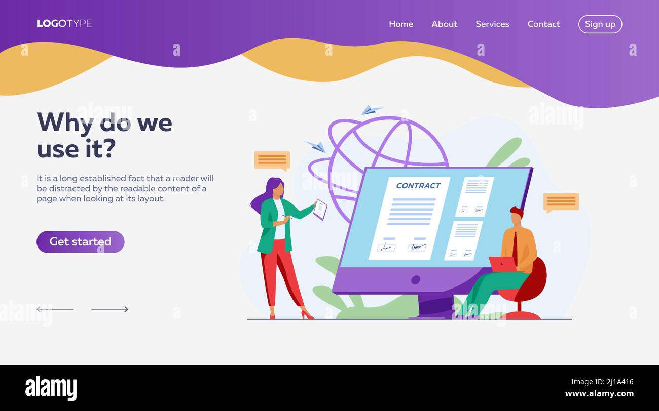 Les gens d'affaires signant le contrat en ligne avec l'illustration de vecteur de signe électronique. Les responsables parviennent à un accord officiel. Documents officiels, contr. En ligne Illustration de Vecteur