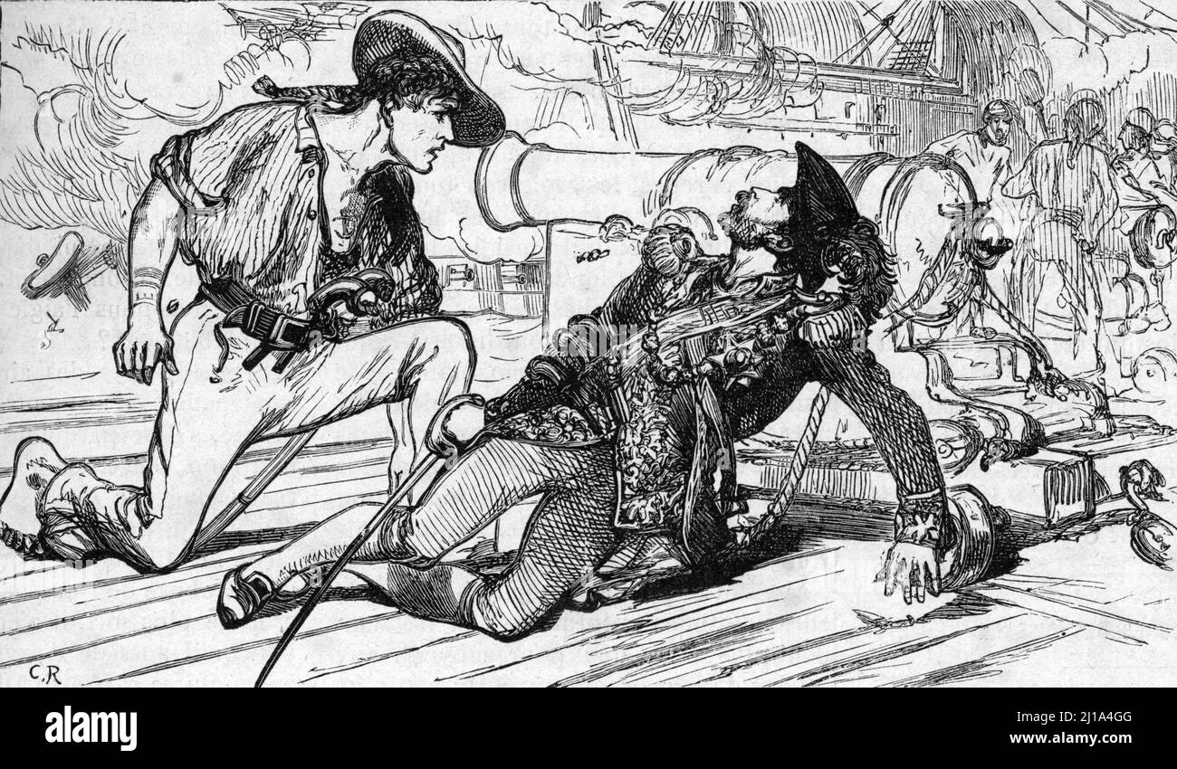 'La mort du corsaire Bartholomew Roberts (1682-1722) dit Black Bart (Bart le Noir) le 10 fevrier 1722 pres du Cap Lopez, au Gabon' (mort du pirate gallois Bartholomew Roberts février 1722) Gravure tiree de 'le journal des voyages' 01/06/1890 Collection privee Banque D'Images