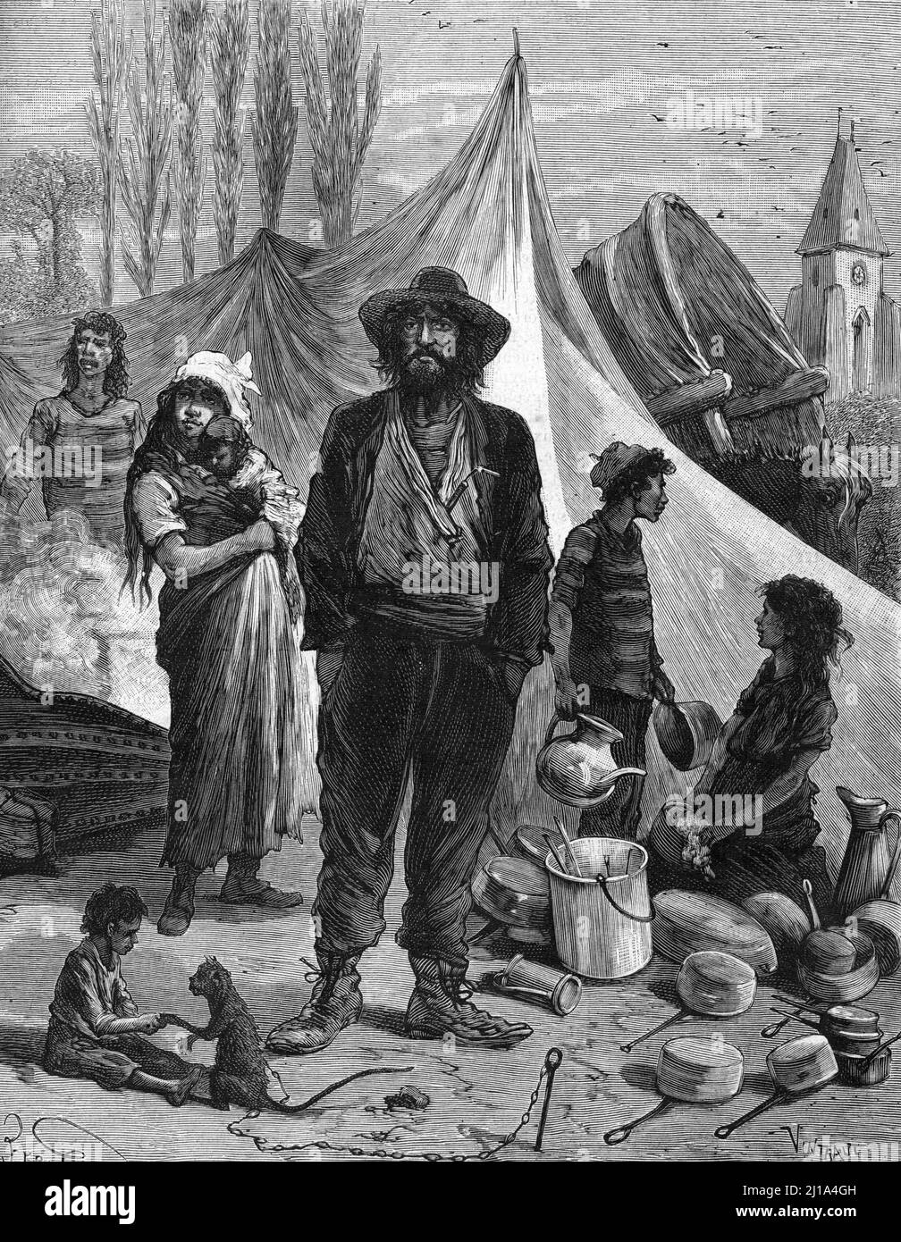 'Portrait d'une famille de gens du voyage (bohème, gitans, manouches ou romanichels) en France' (gitane, romani, tsigane, famille en France) Gravure tiree de 'le journal des voyages' 1890 Collection privee Banque D'Images