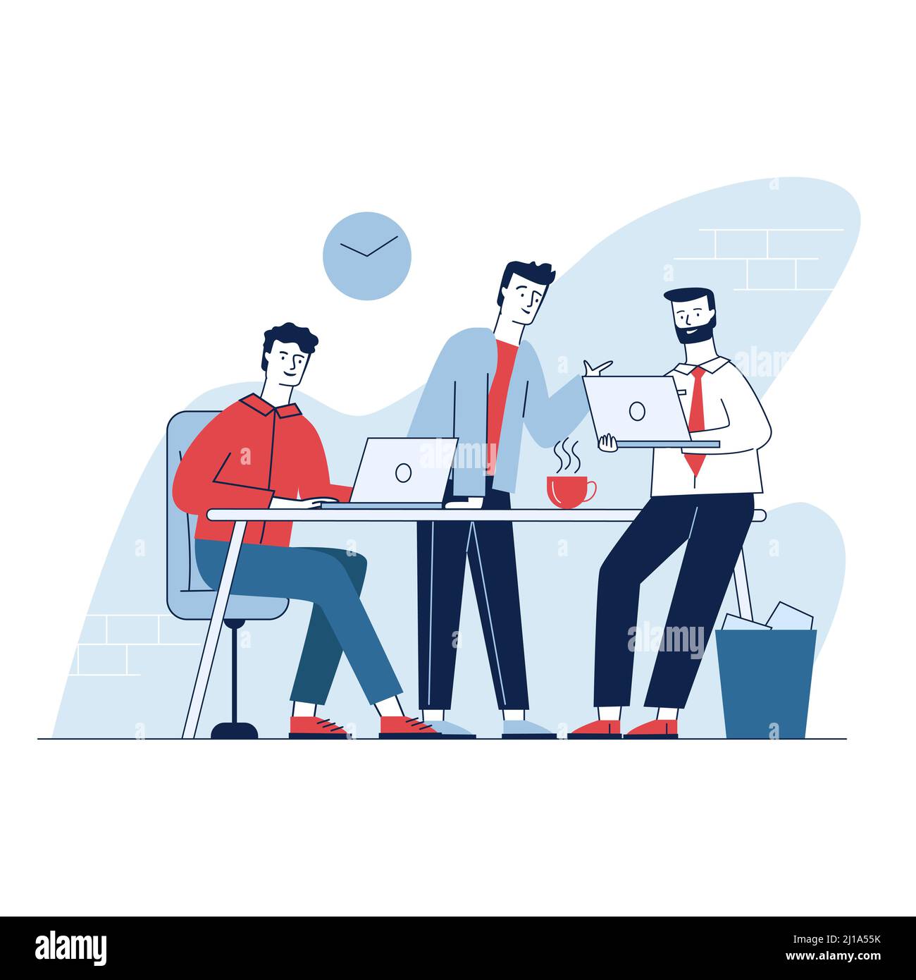 Trois personnes ayant une réunion d'affaires au bureau. Les employés discutent de l'illustration vectorielle plate du projet de travail. Travail d'équipe, discussion, concept de conférence pour Illustration de Vecteur