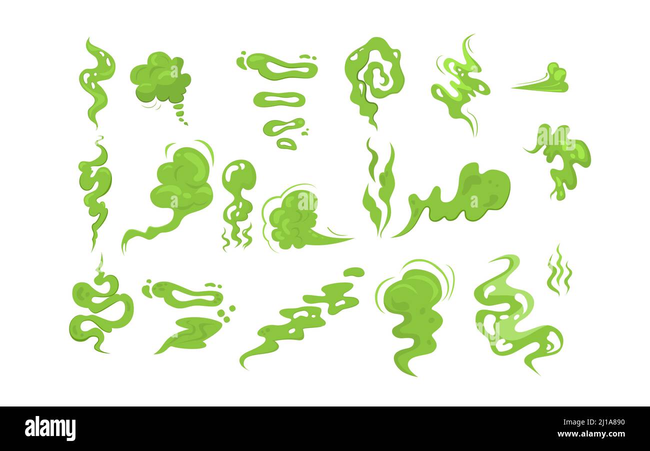 Jeu d'échantillons de fumée piquée. Nuages vert fart, vapeur toxique, odeur. Illustration vectorielle pour mauvaise odeur, pustud dégoûtant, concept de mauvaise hygiène Illustration de Vecteur