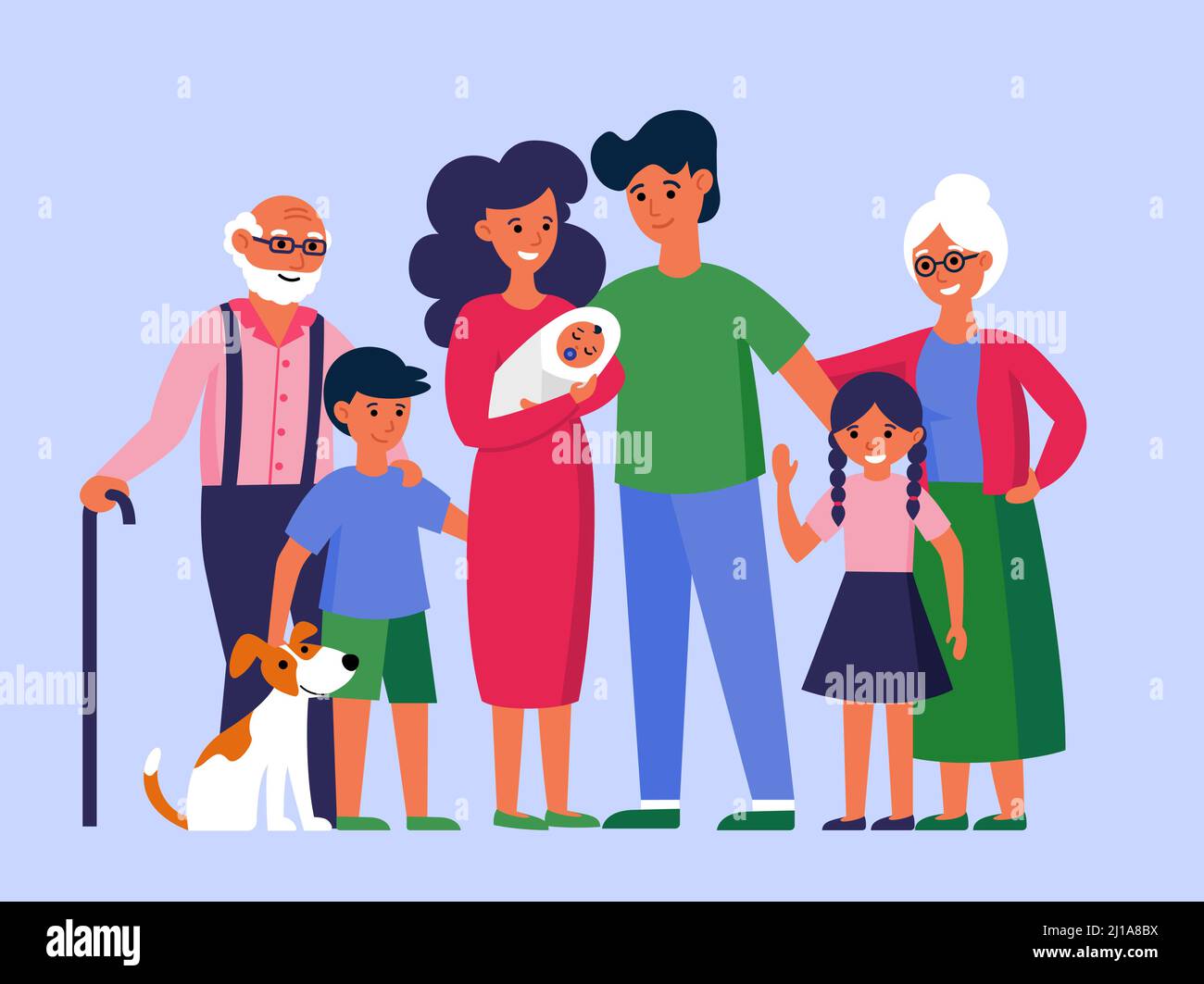 Bonne famille immense debout ensemble illustration vectorielle plate. Père, mère, grand-mère, grand-père, enfants et chien posant pour la photo. Grande famille Illustration de Vecteur