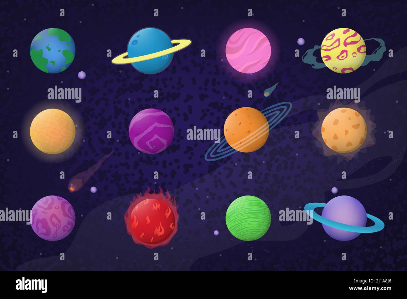 L'espace et les planètes sont définis. Système solaire, terre, Neptune, cratère, orbite, lune, comète. Illustration vectorielle pour univers, science, galaxie, exploration, jeu Illustration de Vecteur