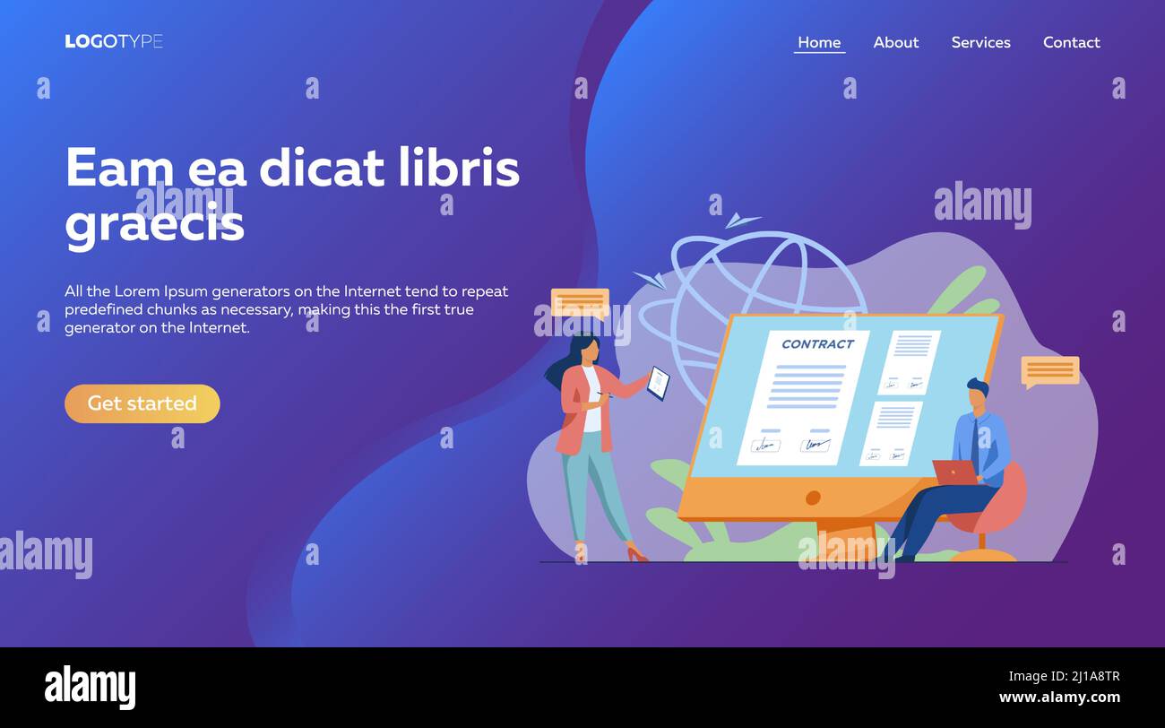 Les gens d'affaires signant le contrat en ligne avec l'illustration de vecteur de signe électronique. Les responsables parviennent à un accord officiel. Documents officiels, contr. En ligne Illustration de Vecteur