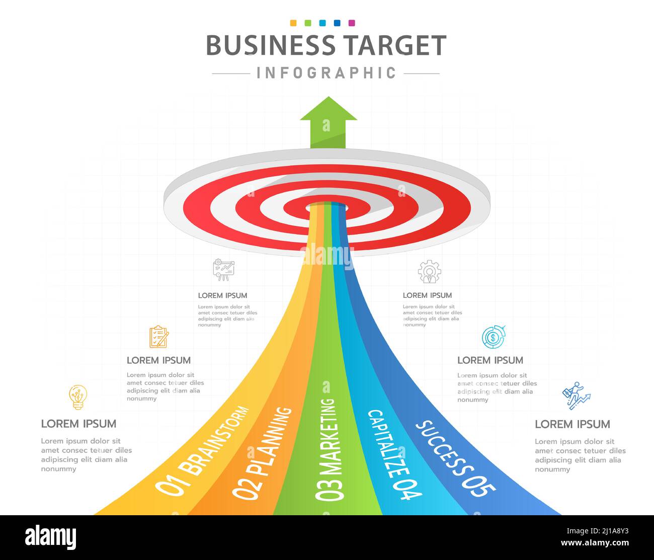 Modèle d'infographie pour les entreprises. Diagramme de Target moderne en 5 étapes avec flèches, infographie vectorielle de présentation. Illustration de Vecteur