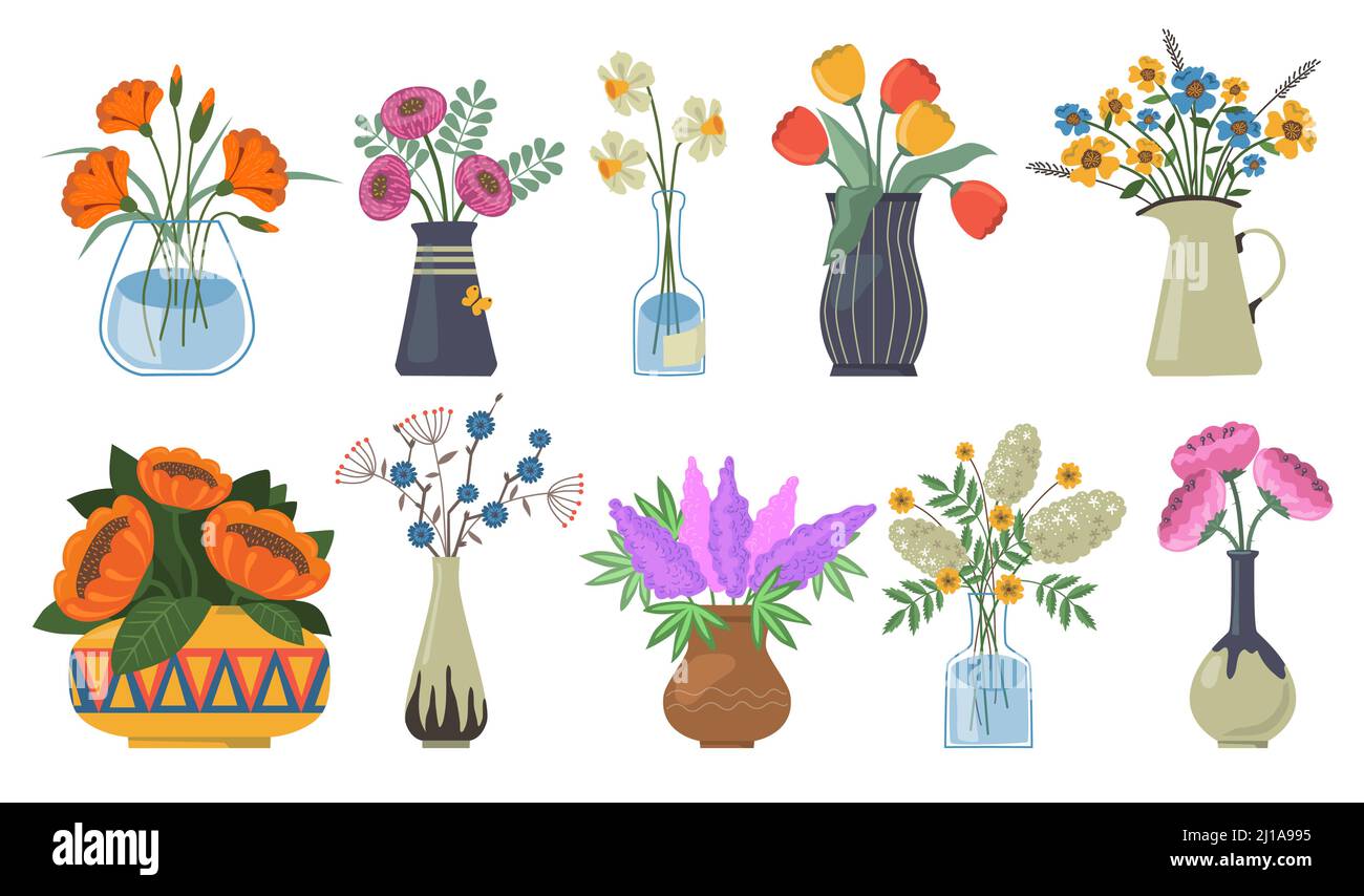 Bouquet de fleurs. Tulipes bourgeons, narcisse, bouquet de lilas avec vases, cruches et bouteilles de verre avec eau. Fleurs de printemps, plantes pour la décoration, bloo Illustration de Vecteur
