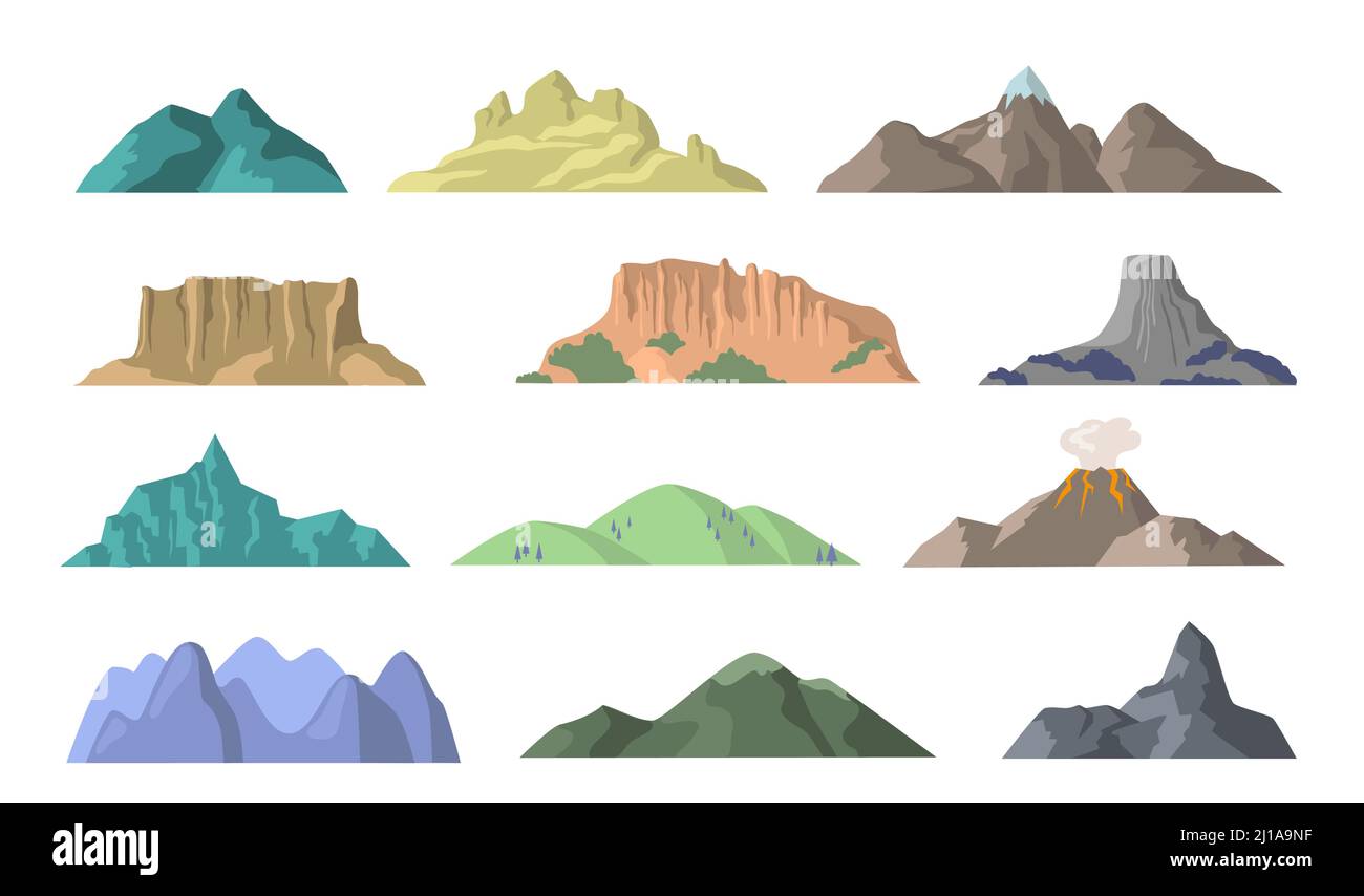 Dessins animés montagnes éléments vectoriels plats. Jeu d'illustrations pour le design des sommets de montagne, des sommets de colline et des motifs de volcan. Paysage de la nature, tourisme, escalade Illustration de Vecteur