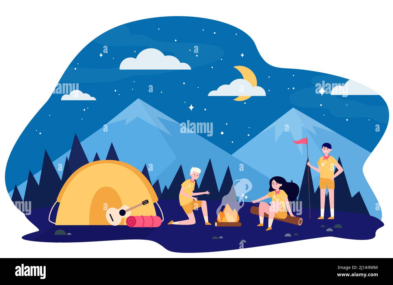 Enfants au feu de camp dans la forêt de montagne illustration de vecteur plat. Des scouts de dessins animés campant, assis près du feu et friture guimauve. Aventure et summ Illustration de Vecteur