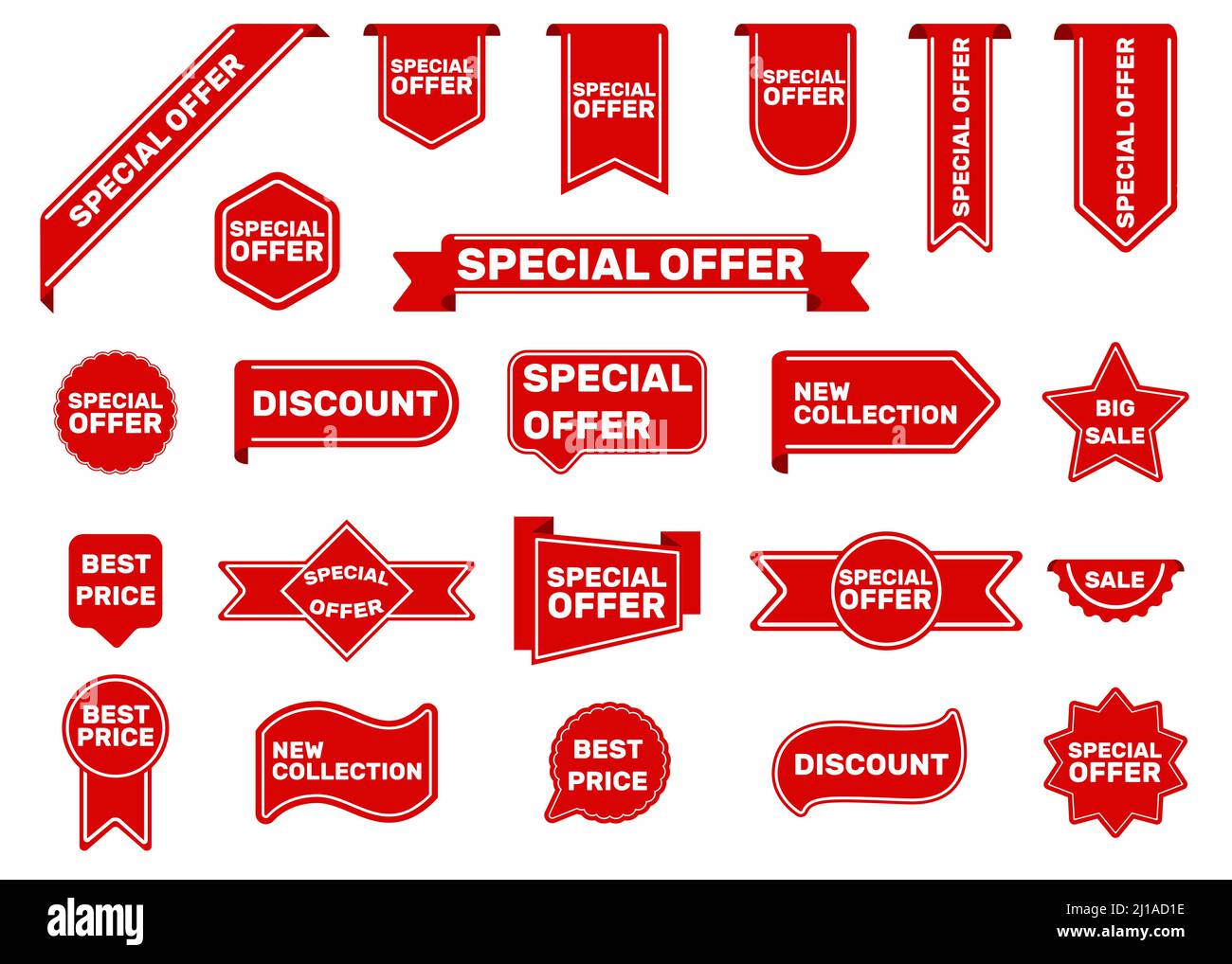 Jeu d'étiquettes d'offre spéciale. Solde autocollants rouges, rubans à meilleur prix, étoiles et bulles de discours. Illustrations vectorielles pour la promotion, la publicité, le marketing, d Illustration de Vecteur