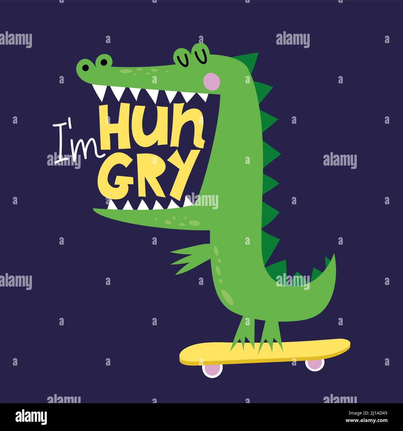 J'ai faim - drôle de doodle dessiné à la main, dessin animé crocodile à la bouche ouverte sur le skateboard. Idéal pour les affiches ou les t-shirts. Main vectorielle Illustration de Vecteur