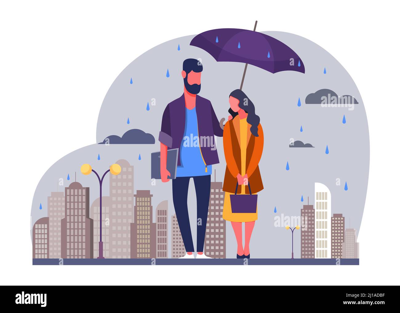 Jeune couple dans l'illustration de vecteur de pluie. Homme et femme en imperméable debout sous un parapluie dans la rue urbaine. Image de pluie d'automne pour la météo, la saison, c Illustration de Vecteur