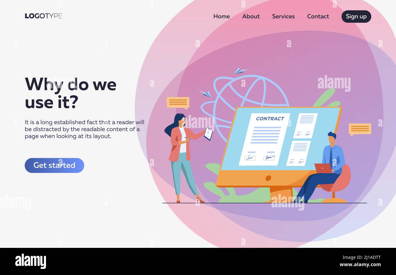 Les gens d'affaires signant le contrat en ligne avec l'illustration de vecteur de signe électronique. Les responsables parviennent à un accord officiel. Documents officiels, contr. En ligne Illustration de Vecteur