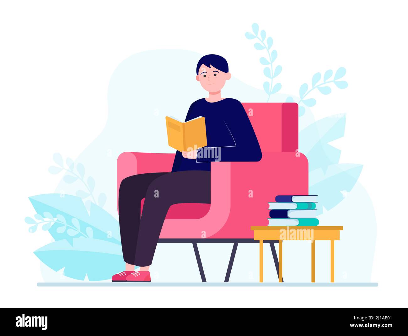 Jeune homme assis dans un fauteuil et livre de lecture. Illustration vectorielle à l'étage, à la maison et au lecteur. Concept de passe-temps et d'isolement pour la bannière, la conception de site Web o Illustration de Vecteur