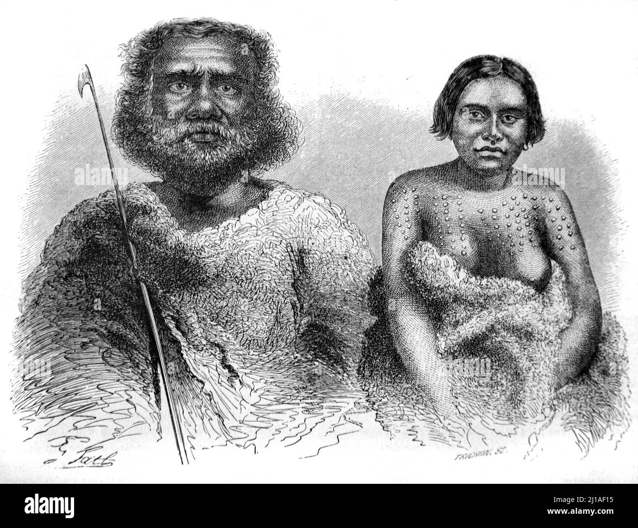 Portrait des peuples autochtones, des couples, des peuples autochtones ou des Aborigènes en Australie. Illustration ou gravure 1860. Banque D'Images