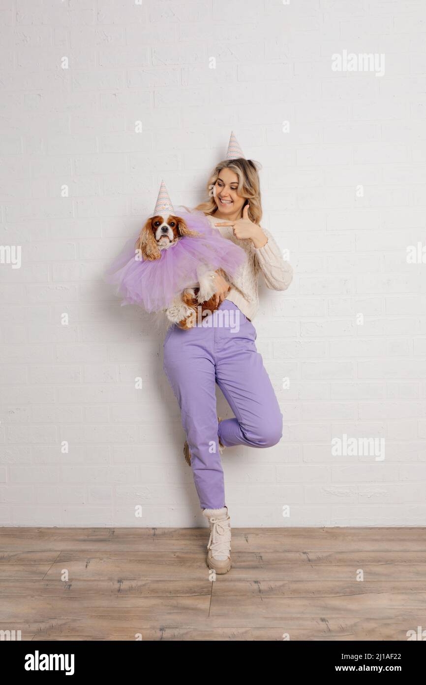 Mignonne femme dans le chapeau de fête tient chien spaniel portant violet organza cape incliné contre le mur blanc et montrant les pouces vers le haut. Banque D'Images