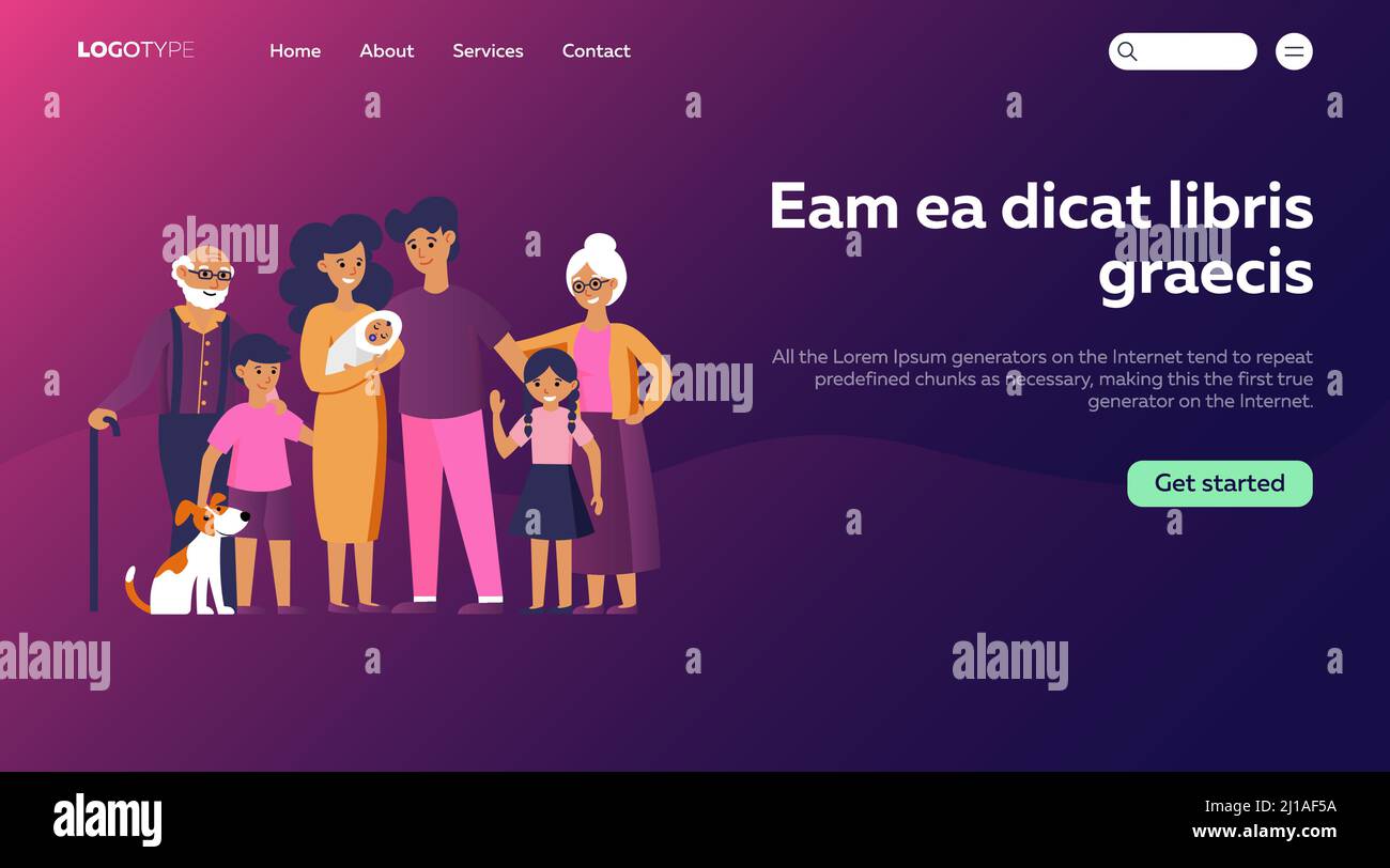 Bonne famille immense debout ensemble illustration vectorielle plate. Père, mère, grand-mère, grand-père, enfants et chien posant pour la photo. Grande famille Illustration de Vecteur