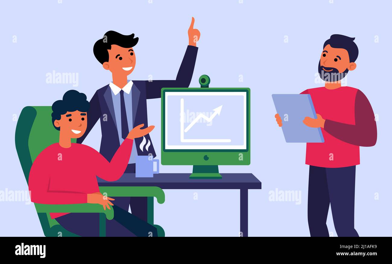 L'équipe d'affaires célèbre la croissance du revenu. Les employés présentent un rapport avec une illustration vectorielle plate du graphique d'augmentation. Succès d'affaires, concept de profit pour Illustration de Vecteur