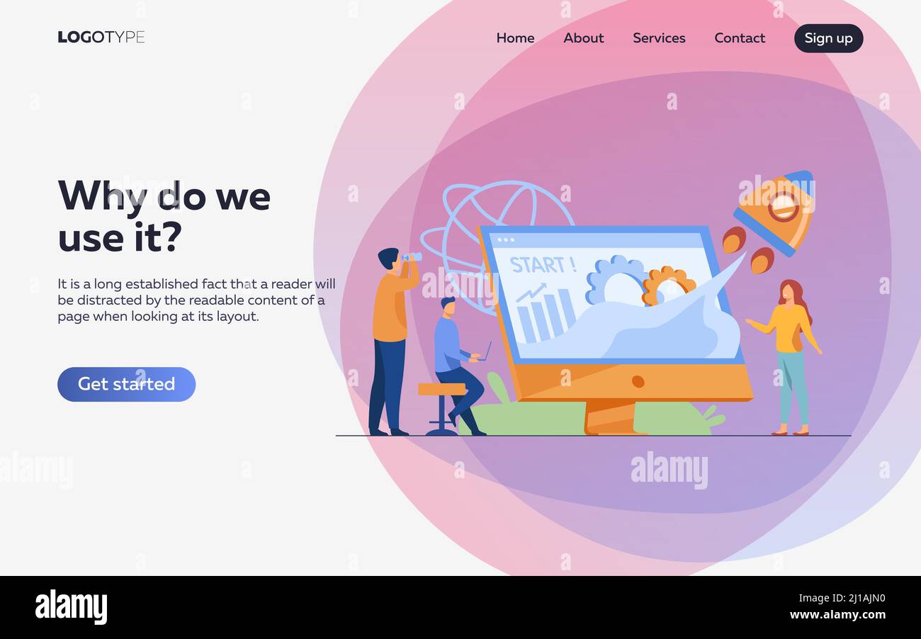 Projet de départ d'équipe. Groupe de travail sur le démarrage, lancement de fusée à partir de l'écran avec graphique de croissance. Illustration vectorielle pour le nouveau concept d'entreprise Illustration de Vecteur