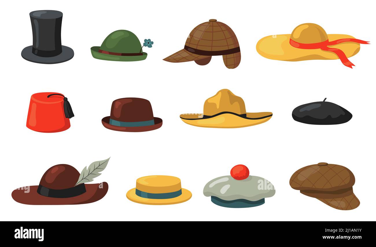 Ensemble chapeaux et casquettes. Accessoire de vêtements pour hommes et femmes, panama, adresse traditionnelle vintage. Illustration vectorielle plate pour la mode vintage, les coiffures Illustration de Vecteur