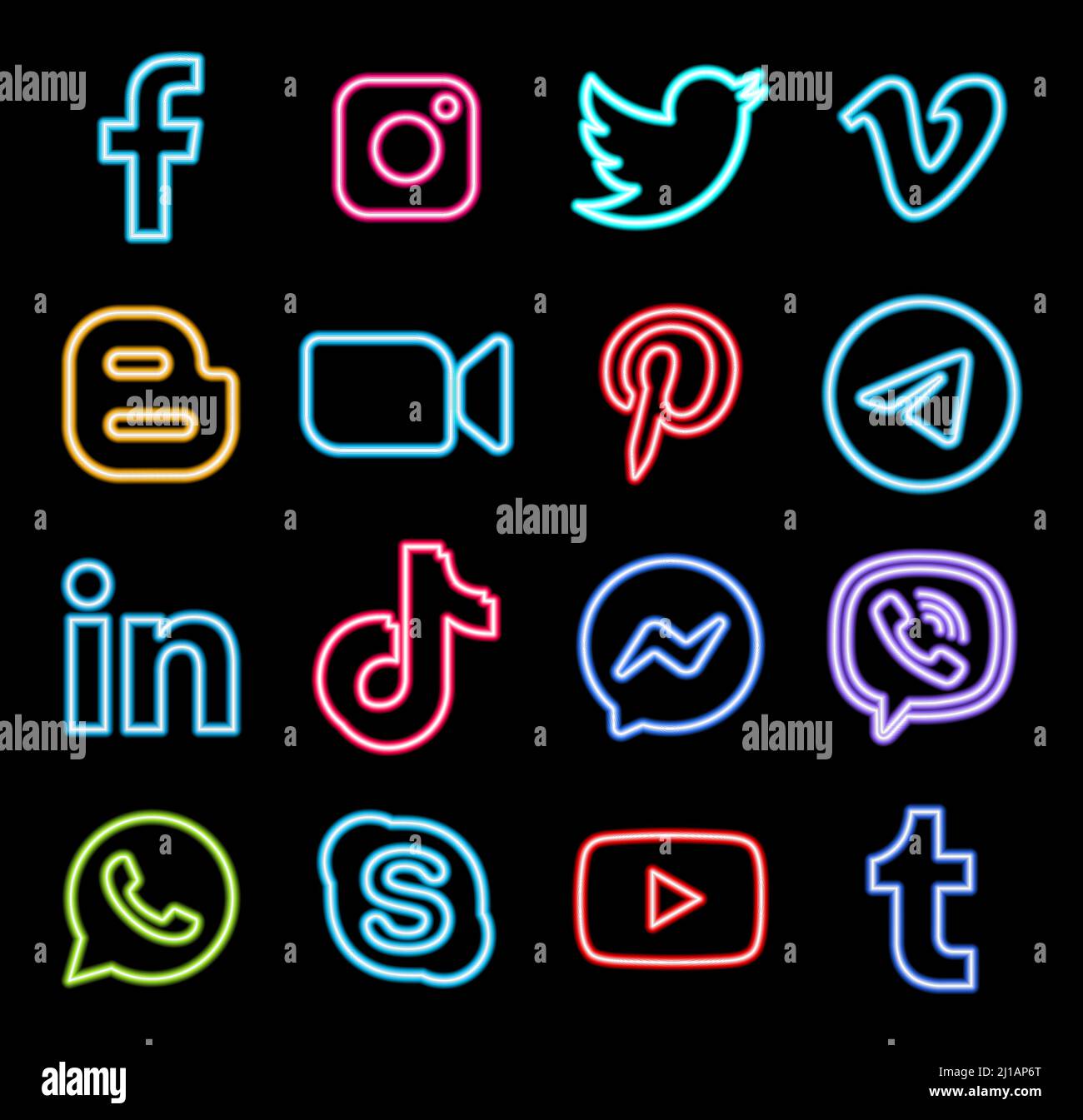 Kiev, Ukraine - 03 juillet 2021: Ensemble de logos populaires dans Neon design: Facebook, Instagram, Twitter, Youtube, WhatsApp, et d'autres. Illustration vectorielle Illustration de Vecteur