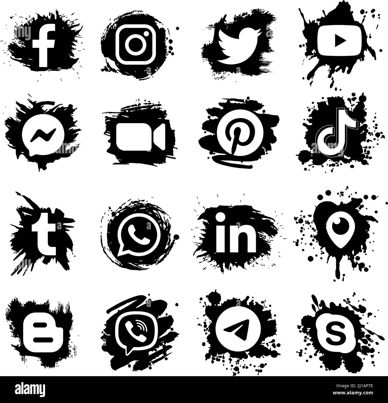 Kiev, Ukraine - 03 juillet 2021 : ensemble d'icônes de médias sociaux et d'applications mobiles populaires dans des spots de dessin de peinture noire : Facebook, Twitter, Instagram, LinkedIn, Illustration de Vecteur