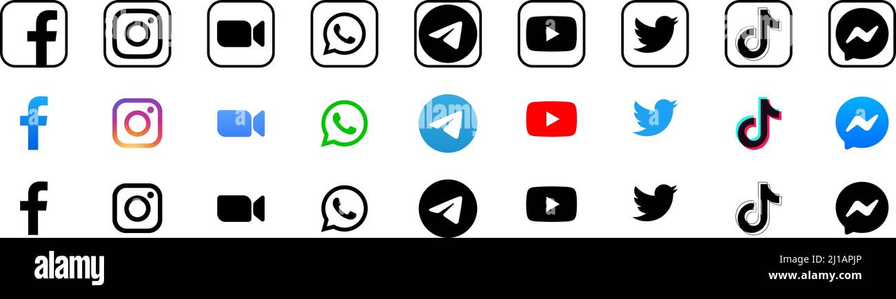 Kiev, Ukraine - 03 juillet 2021 : ensemble d'icônes et de logos de médias sociaux populaires en noir et en couleur, tels que : Facebook, Instagram, Zoom, Youtube, WhatsApp, Twi Illustration de Vecteur