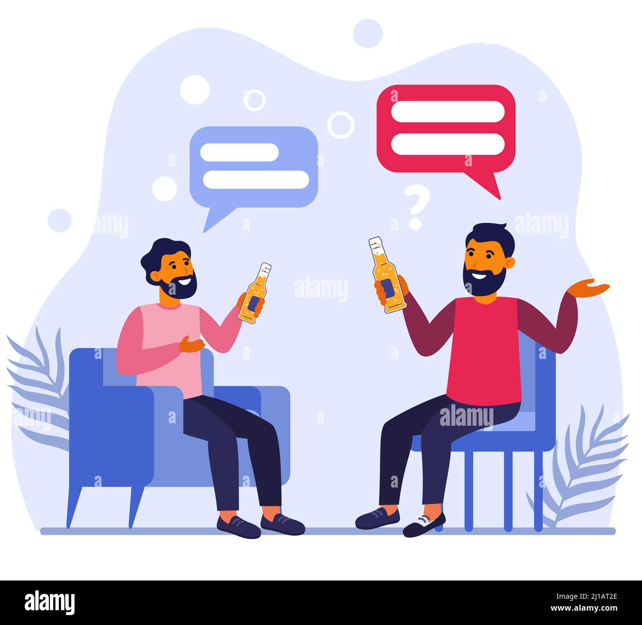 Des amis de sexe masculin boivent de la bière et parlent à la maison. Hommes barbus assis avec des bouteilles et ayant la conversation illustration vectorielle plate. Concept de coupure mâle Illustration de Vecteur