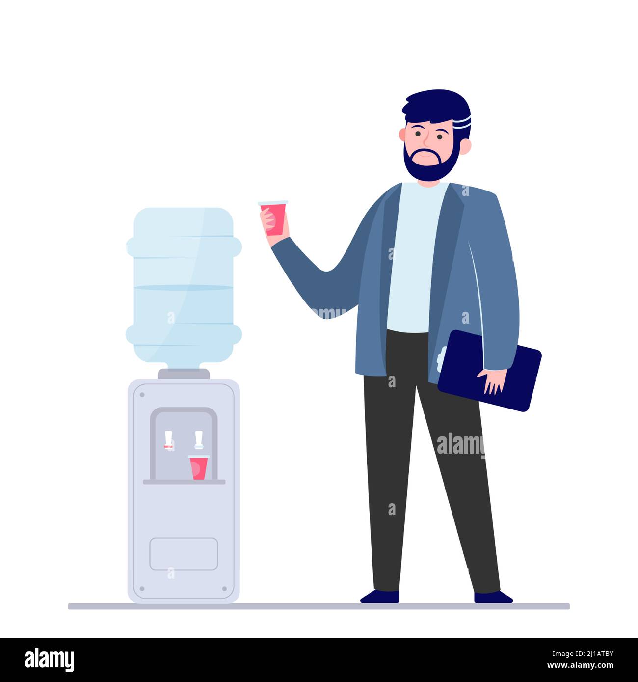 Homme buvant de l'eau au réfrigérateur. Illustration vectorielle plate employé de bureau, employé, pause travail. Boissons, rafraîchissements, concept de glacière pour bannière, Web Illustration de Vecteur